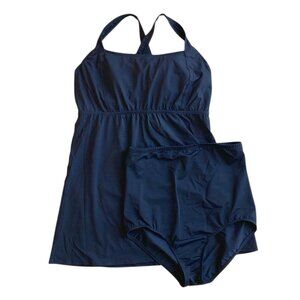 Lands' End Black Two Piece Swim Dress 12DDD Criss Cross Back, High Waist Pant 12